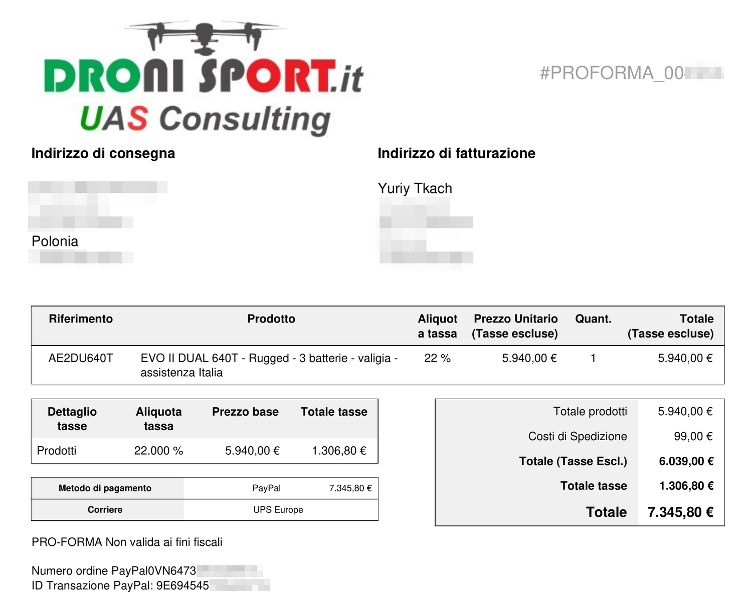 Drone purchase receipt