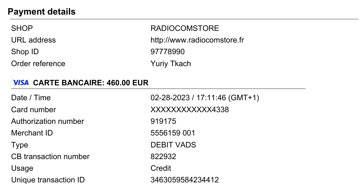 Receipt for licenses payment