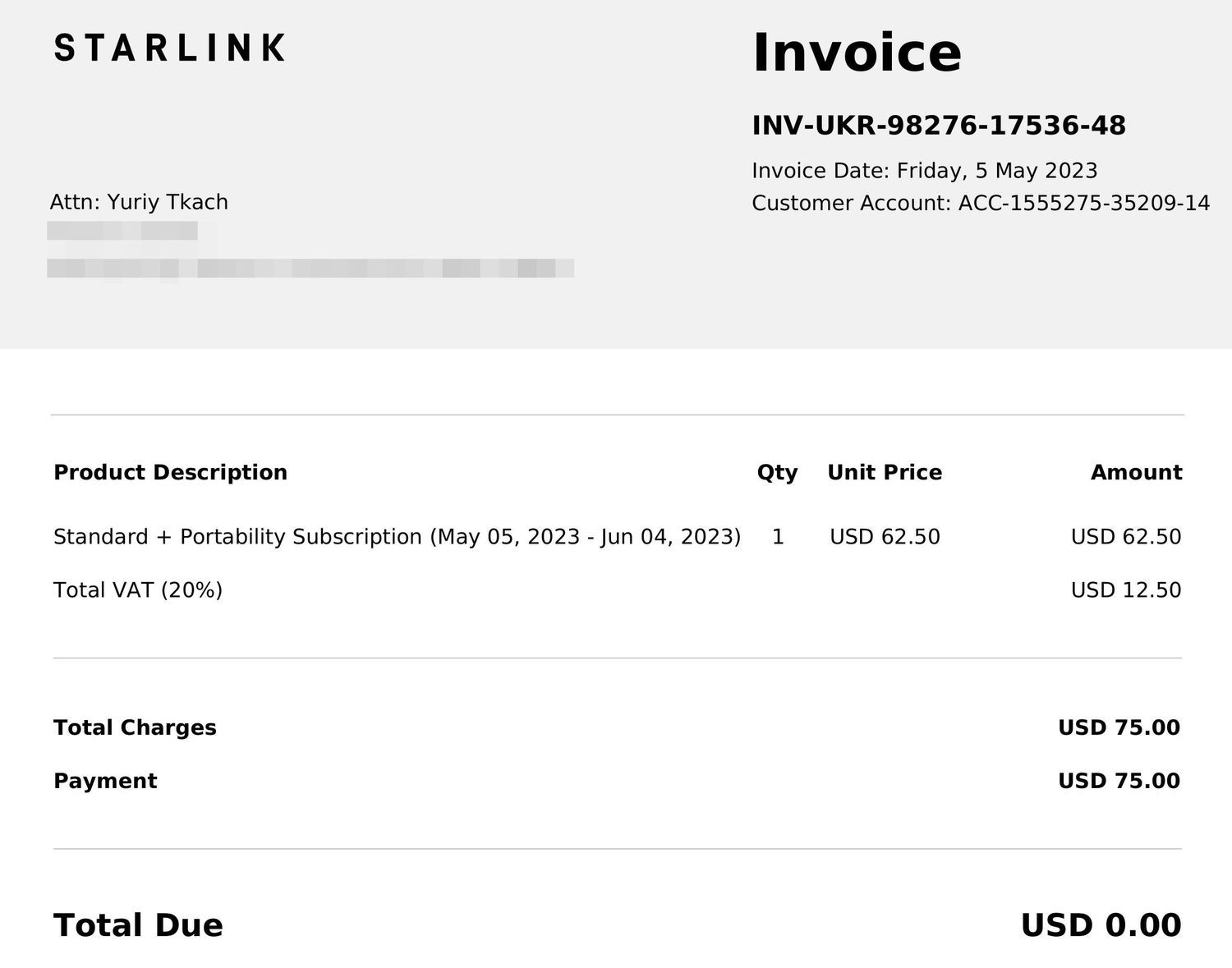 Invoice for Starlink for May, 2023