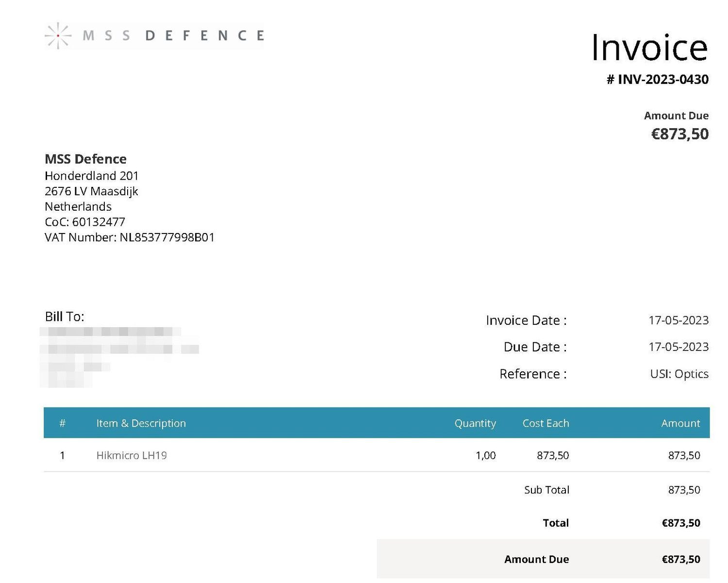 Invoice for thermal monocular