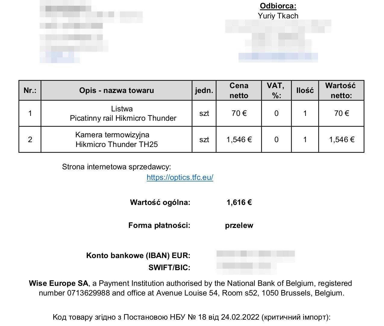 Invoice for scope
